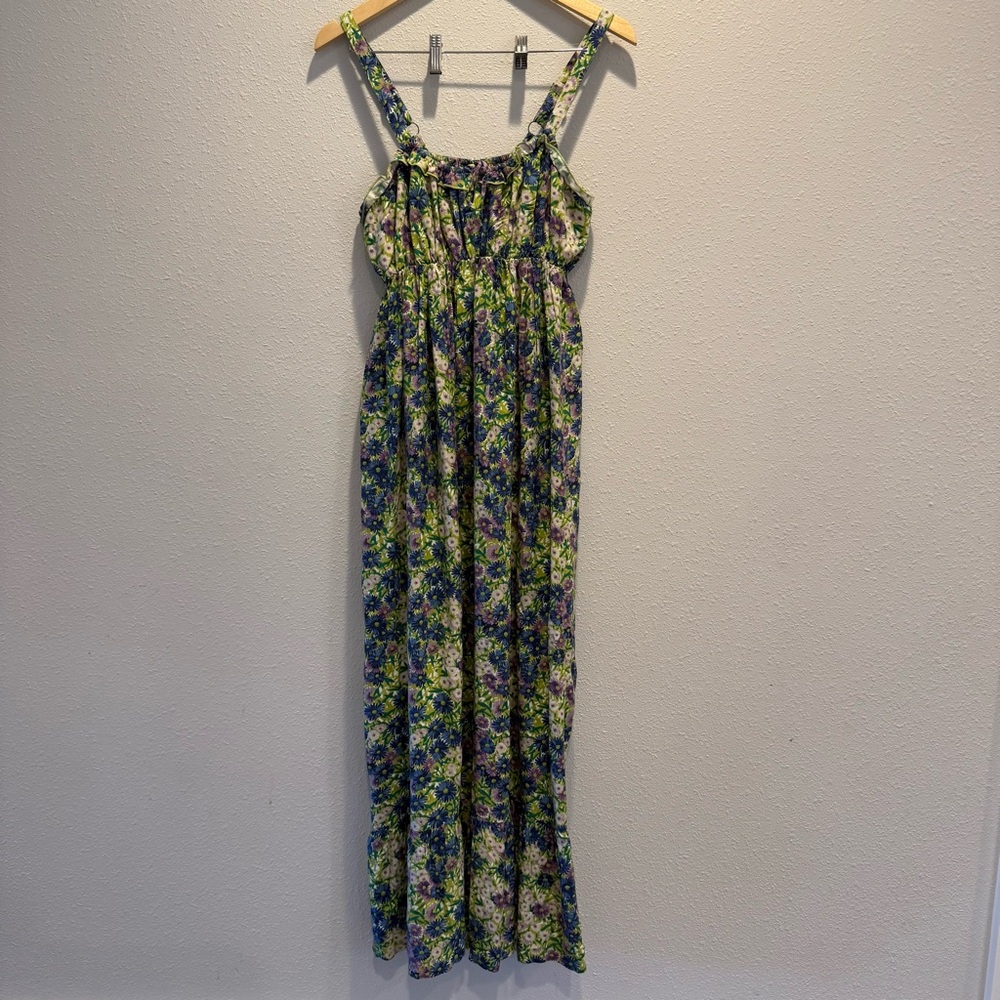 NATURAL LIFE Boho Floral Maxi Dress | Cottagecore Flowy Tie Bust Keyhole M